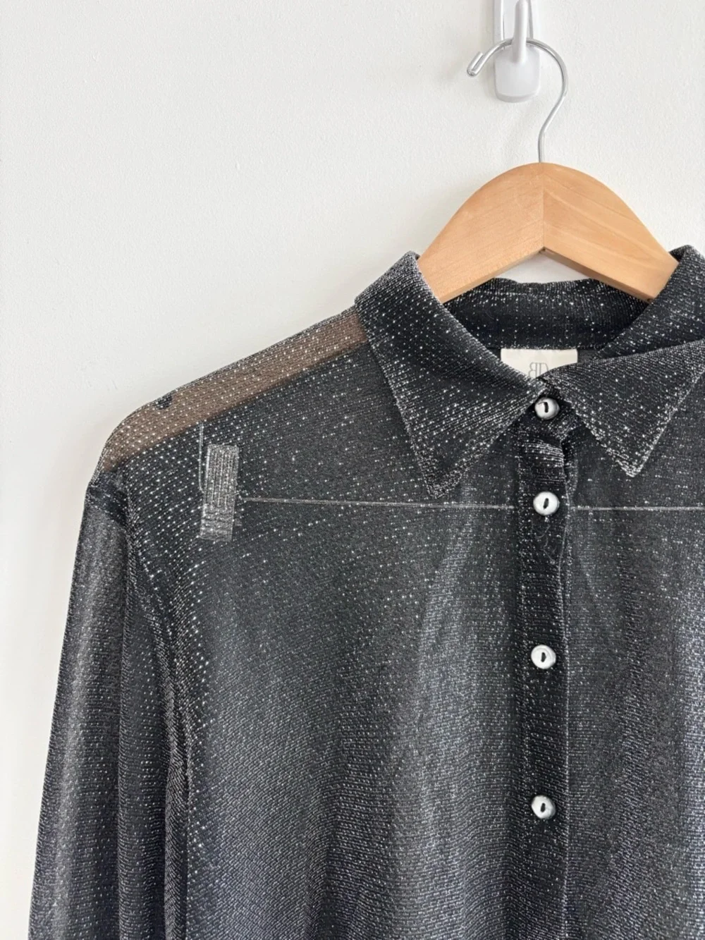 Vintage Y2K Sheer Mesh Metallic Glittered Button-Down Shirt - Picture 3 of 8